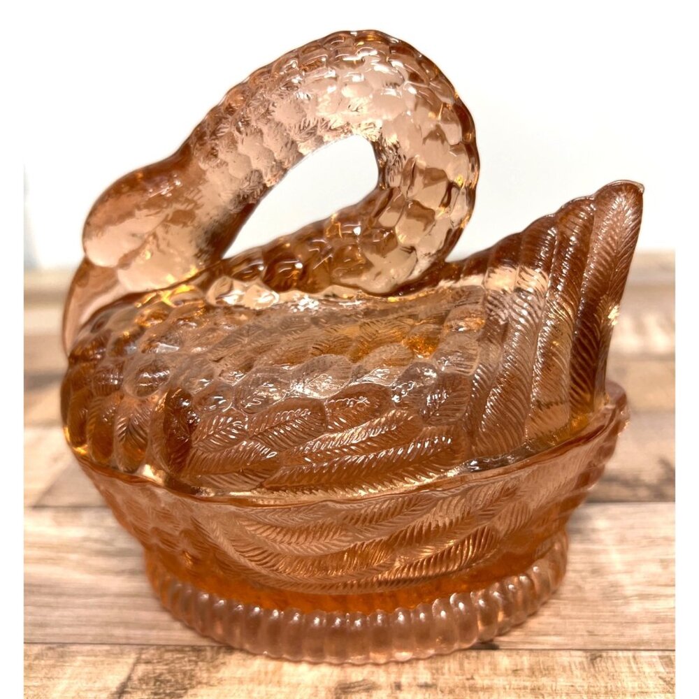 Glass Flamingo Pink hen dish bowl lid bird tropical figurine art boyds vtg candy
